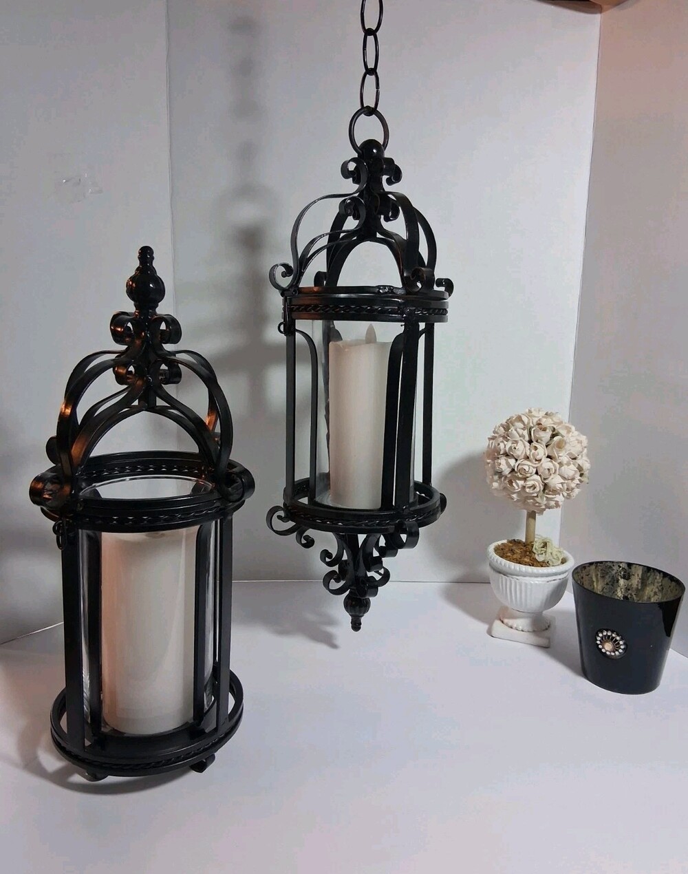 VTG Gothic Iron Candle Lantern Set; Hanging + Tabletop Patio Decor;FREE CANDLES!
